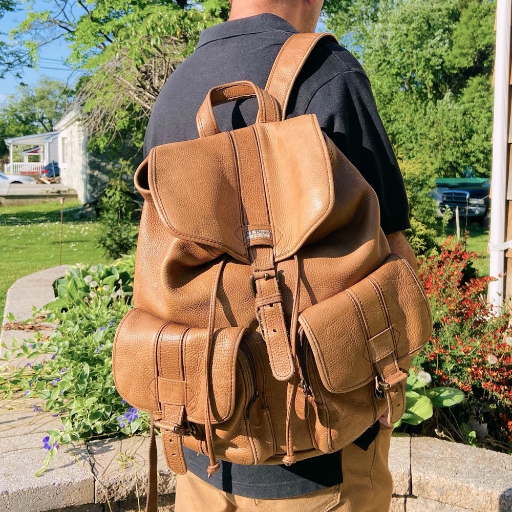 COPY - LL Bean - 17" Large Brown Pebbled Leather Maine Guide Rucksack Backpack …